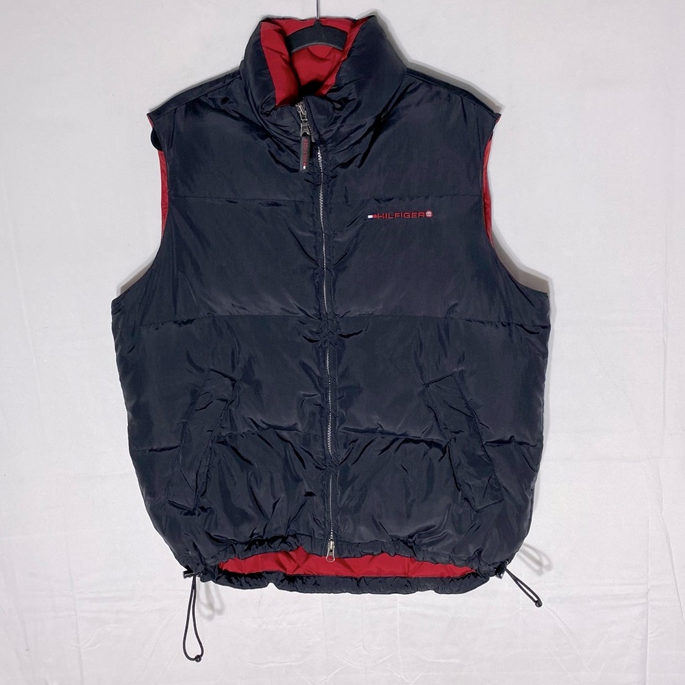 Vintage 90s Y2K Tommy Hilfiger Black Red Down Filled Zip Front Puffer Vest S